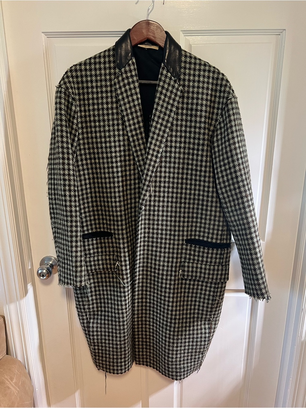 CELINE Wool Blend Coat with Leather Collar - Black & Cream